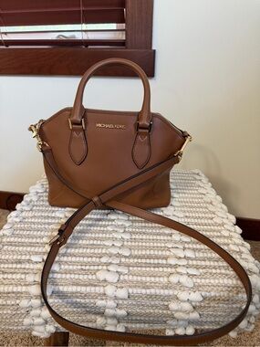 Michael Kors Camel Brown Pebbled Leather Satchel with Gold Hardware
